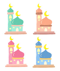 cute set bright pastel soft color mosque moslem islamic pray ramadan eid al fitr adha blue pink peach green mint doodle digital sticker clipart
