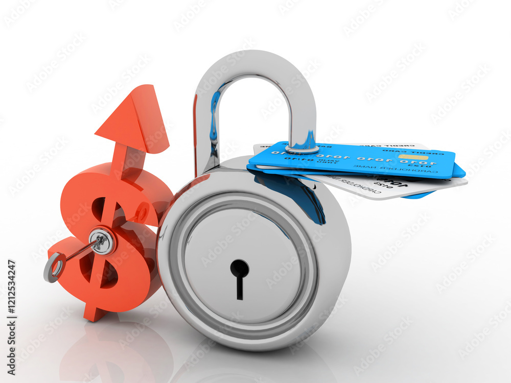 Poster 3d rendering credit or debit card protected lock with dollar
