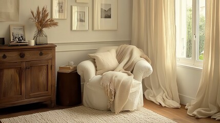 Fototapeta premium Cozy Living Room Interior Cream Armchair Knit Throw Wooden Cabinet and Linen Curtains