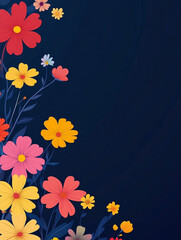 Obraz premium A colorful illustration of various flowers with yellow, pink, red, and white petals on long stems against a dark background, accompanied by blue and green leaves.