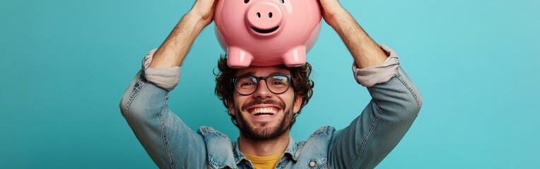 A smiling man holding a giant pink piggy bank, symbolizing financial growth and savings. Ideal for financial campaigns and personal finance blogs.