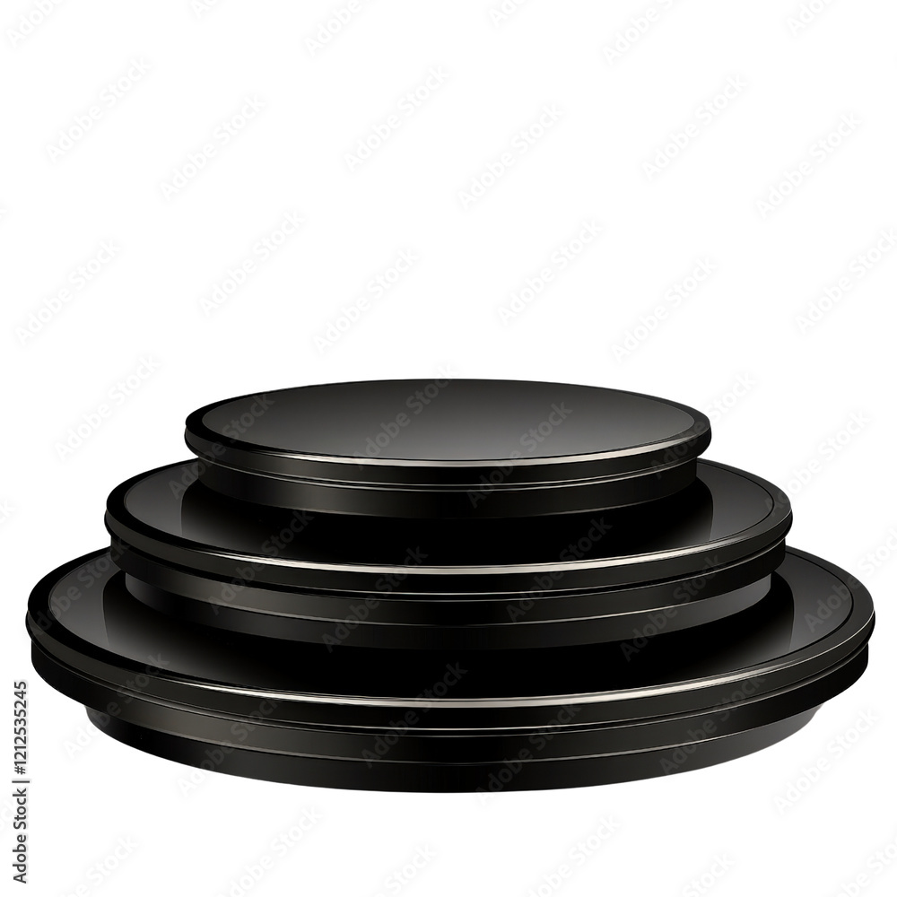 Poster black plate with three smaller plates stacked on top arranged for a dining presentation isolated on 