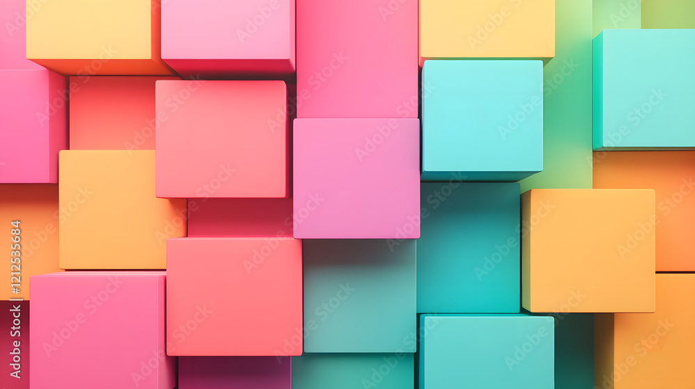 Poster floating pastel geometric shapes arranged in dynamic abstract layers