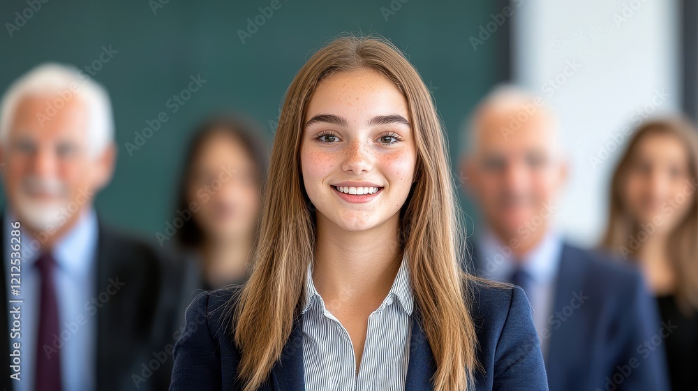 Poster extrovert social networking concept, young professional smiling confidently in a group of colleagues