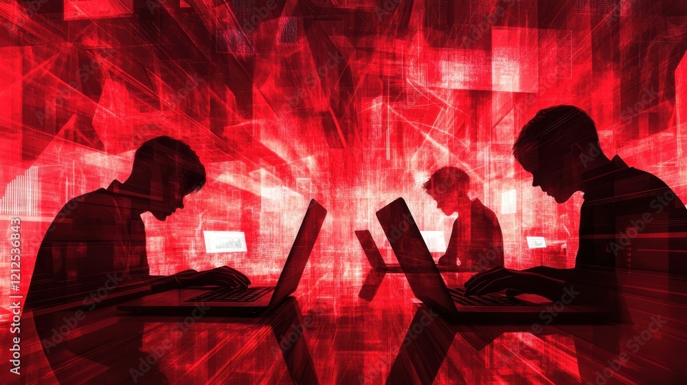 Poster two individuals engaged in computing with red digital background