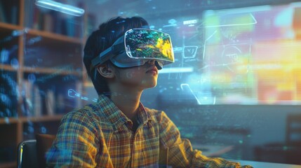 young person uses a VR headset, immersed in a vibrant digital world. The image depicts technological advancement and the future of learning