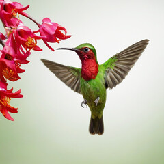 Fototapeta premium bird, humming, Green crowned The green Costa Rican bird Heliodoxa jacula stands out brilliantly against the stark white background as it flies next to a stunning crimson blossom. 