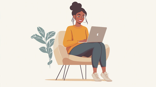Illustration of a Smiling Woman Working on a Laptop in a Cozy Chair with Plant Decor