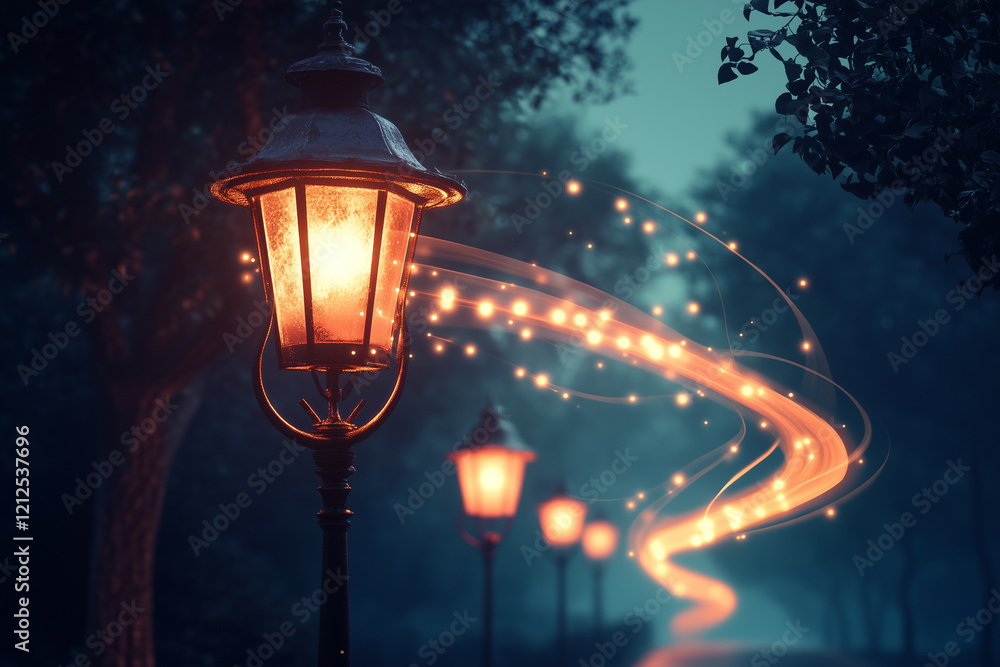 Poster artistic rendering of old gas lamps illuminating a mystical path in a serene night setting with swir