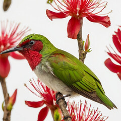 bird, humming, Green crowned The green Costa Rican bird Heliodoxa jacula stands out brilliantly against the stark white background as it flies next to a stunning crimson blossom. 