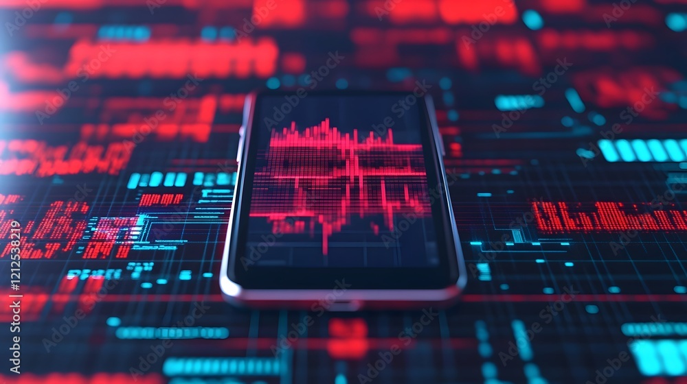 Poster futuristic data projections above a smartphone on a tech-inspired dark background