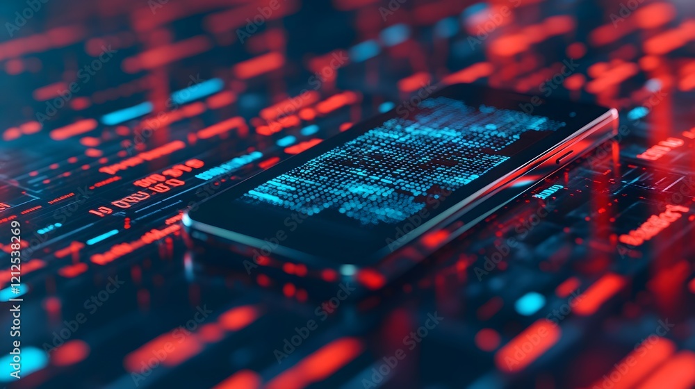 Poster futuristic data projections above smartphone on tech-inspired dark background