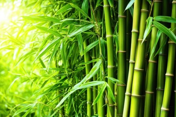 Lush green bamboo stalks and leaves create a vibrant, natural backdrop, showcasing the beauty and vitality of this resilient plant.