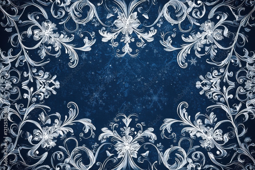 Poster elegant dark blue background adorned with intricate white snowflake patterns
