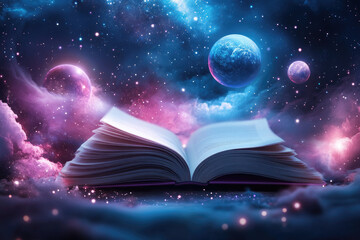 Exploring cosmic realms an open book of knowledge amidst the stars fantasy landscape digital art dreamlike perspective