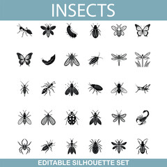 Editable Insect Silhouettes Ants, Bees, Butterflies, Beetles, and More