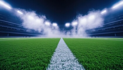 A vibrant football stadium illuminated by powerful lights, with a neatly marked grass field and fog enhancing the atmosphere.