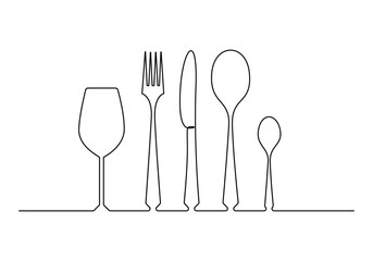 Spoon, fork, knife and wine glass continuous one line drawing vector illustration