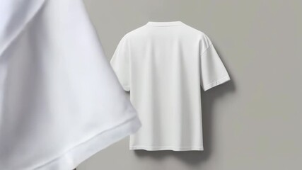 Rotating white tshirt display against neutral background in three angles