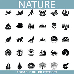 Nature Editable Silhouette Set Birds, Animals, Plants, Landscapes