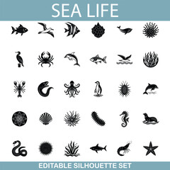 Ocean Wildlife Editable Silhouettes of Sea Life Creatures