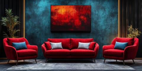 Modern Interior Design. Red Velvet Sofa and Two Armchairs in elegant Living Room