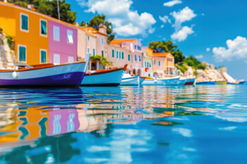 Obraz premium Colorful coastal village with vibrant houses and boats reflecting on clear blue water under bright sunny sky