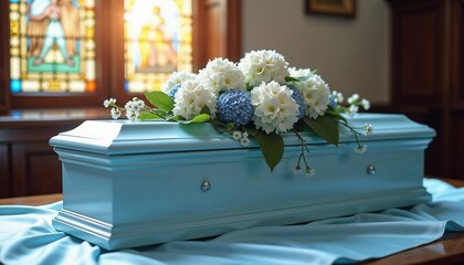 A light blue children's coffin decorated with hydrangeas and forget-me-nots in the farewell hall