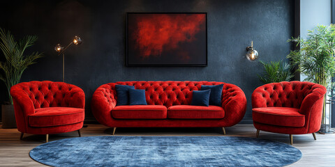 Modern Lounge Interior. Luxury Interior with Red Velvet Sofa, Armchairs, Gray Сarpet and Plants