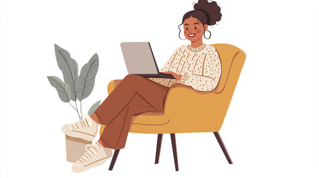 Illustration of a Smiling Woman Working on a Laptop in a Cozy Chair with Plant Decor