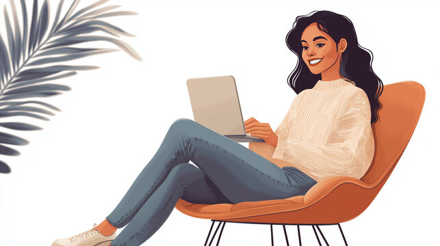 Illustration of a Smiling Woman Working on a Laptop in a Cozy Chair with Plant Decor