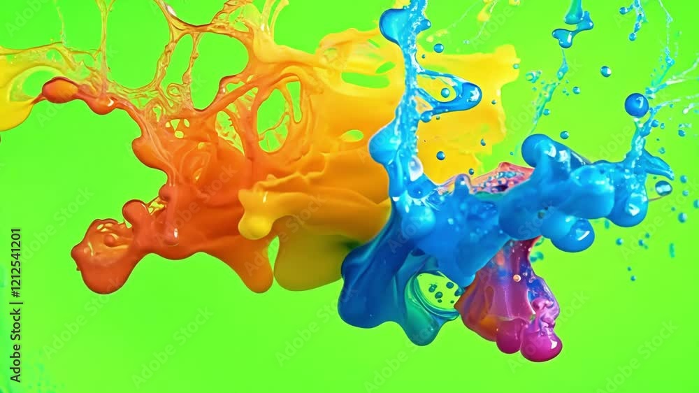 Aufkleber energetic splashes of color dance and merge in a playful display. green screen chromakey.