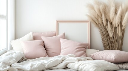 Serene Bedroom Interior Soft Pink Linen Pillows Neutral Decor Pampas Grass