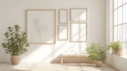 A set of photo frames on a white wall, showcasing modern minimalist design for art or photography