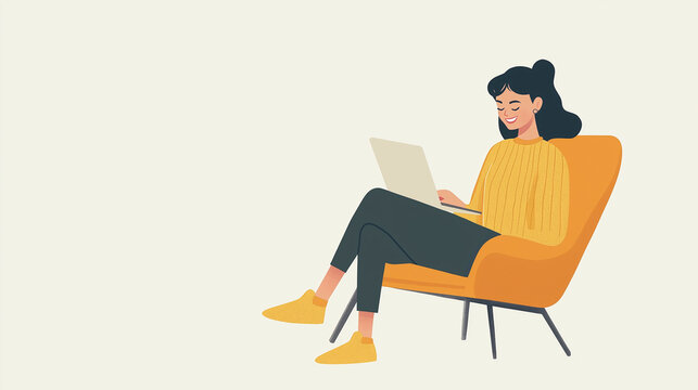 Illustration of a Smiling Woman Working on a Laptop in a Cozy Chair with Plant Decor