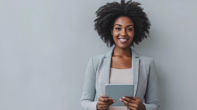 Confident Professional Woman Holding a Tablet in a Modern Office Setting