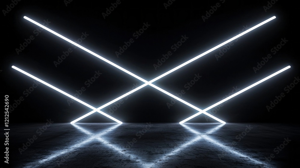 Poster A display of intersecting neon lines forms sharp angles against a black backdrop, casting striking reflections on a smooth surface