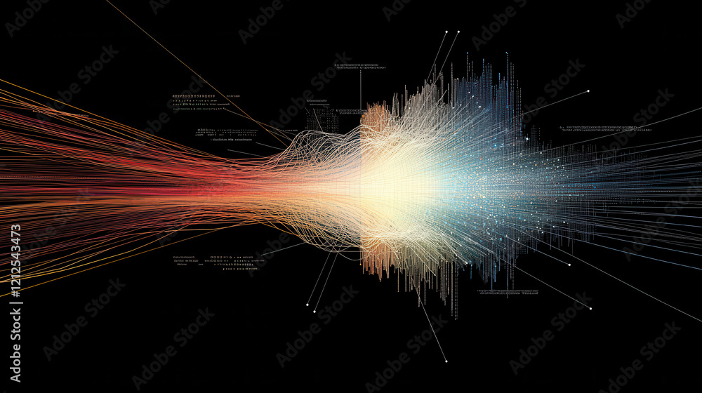 Poster dynamic multi dimensional data chart pulsating with neon colors, showcasing intricate connections and glowing nodes on dark background