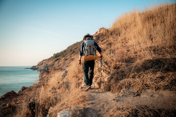 Obraz premium Hikers or explorers on journey carrying backpack, trekking poles looks into the distance observing and possibly guide trekking and trail exploration holiday ecotourism concept. 