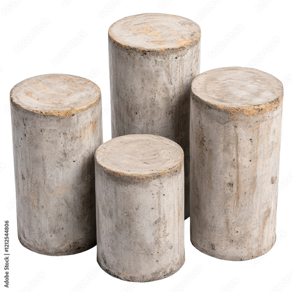 Poster three concrete stools arranged on a black background with a minimalist design aesthetic isolated on 
