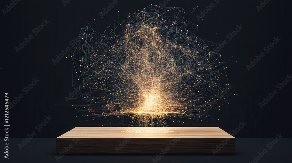 Poster glowing, multi dimensional data visualization with neon like nodes and connections emerges from wood