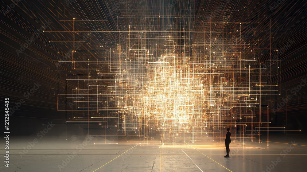 Poster person stands before glowing, multi dimensional data chart pulsating with neon light, symbolizing in