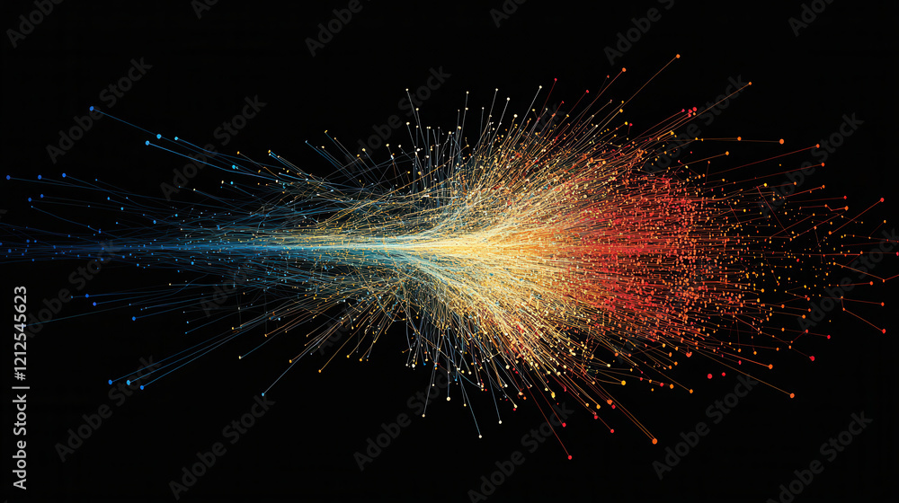 Poster vibrant multi dimensional data visualization with neon lines and glowing nodes, representing dynamic
