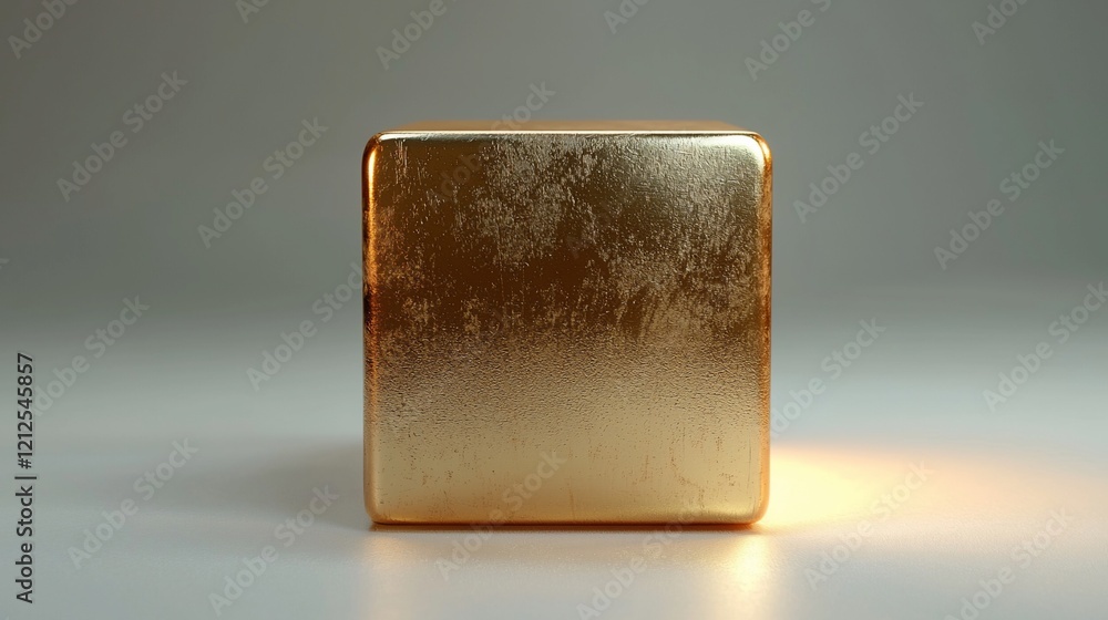 Poster gold cube with textured surface on gray background.