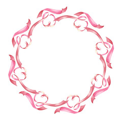 Wreath. Pink hearts and ribbons pattern. Watercolor