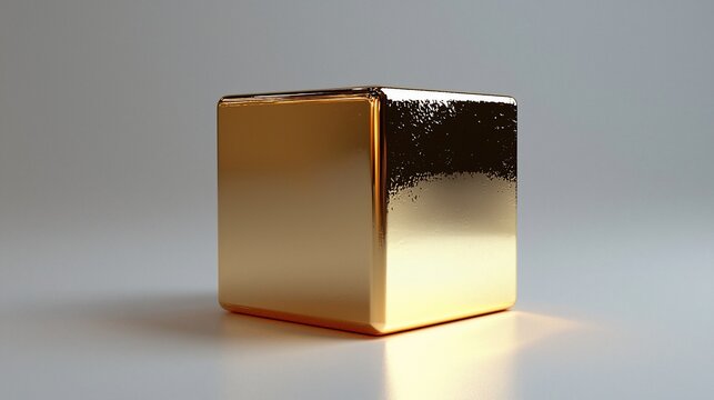 Shiny gold cube on gray background.