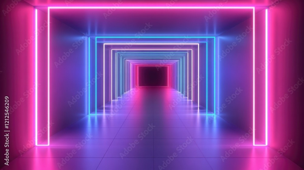 Poster abstract neon-lit space with vibrant glowing lines forming geometric patterns and perspective in a f