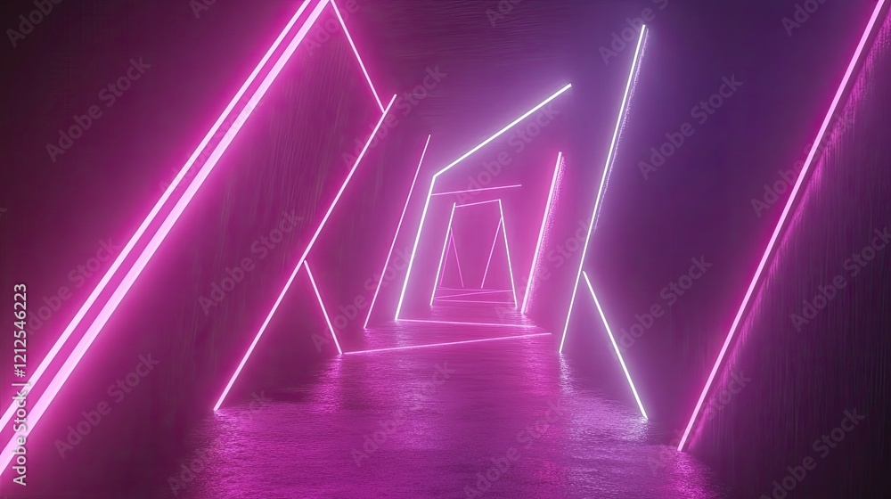 Poster abstract neon-lit space with vibrant glowing lines forming geometric patterns and perspective in a f