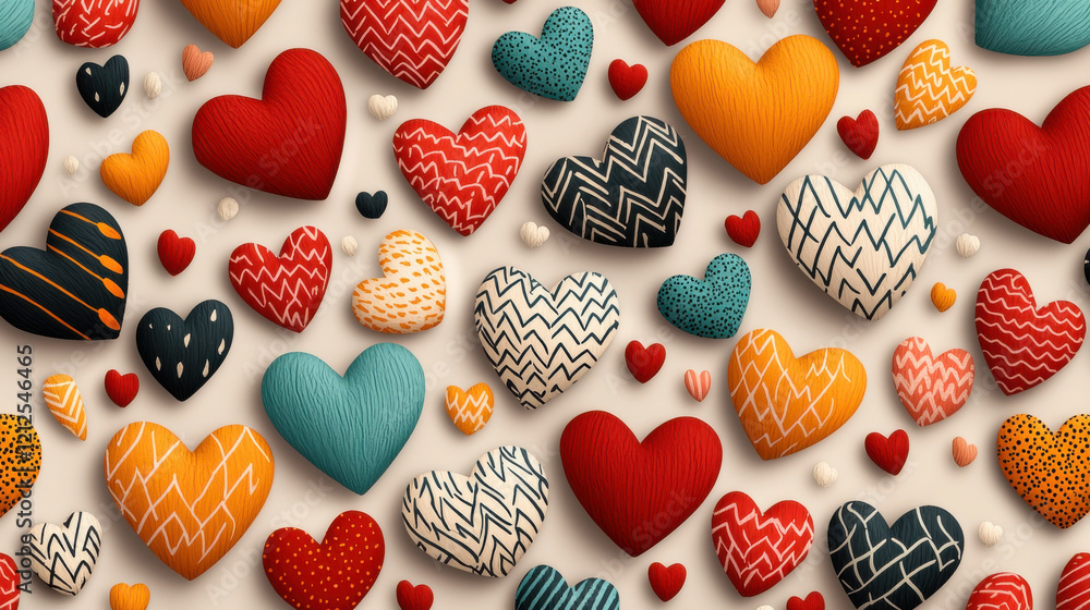 Poster colorful hearts in various patterns and sizes create playful and vibrant composition, perfect for ex