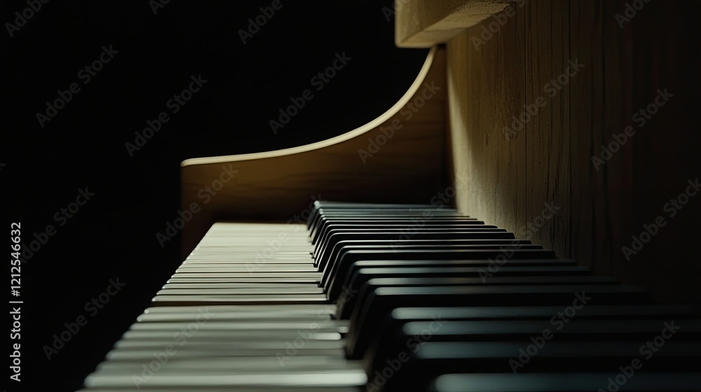 Poster artistic close-up of piano keys, with sharp contrast between the keys and a deep black background, c
